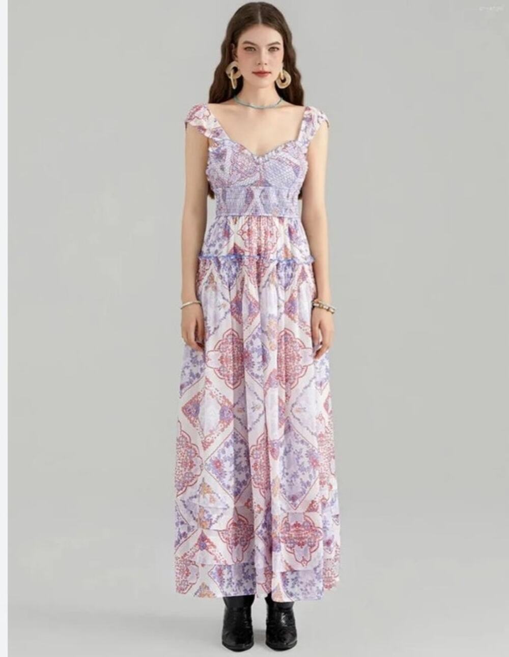 Boutique Boho Romantic Floral Tiered Maxi Dress Cottagecore Size Small